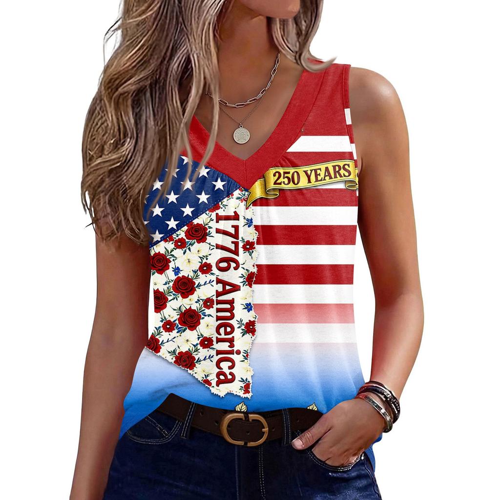 Womens Sleeveless V Neck Tank Top with America Print 1776 2026 Flag Graphic Casual Loose Fit Summer Shirt