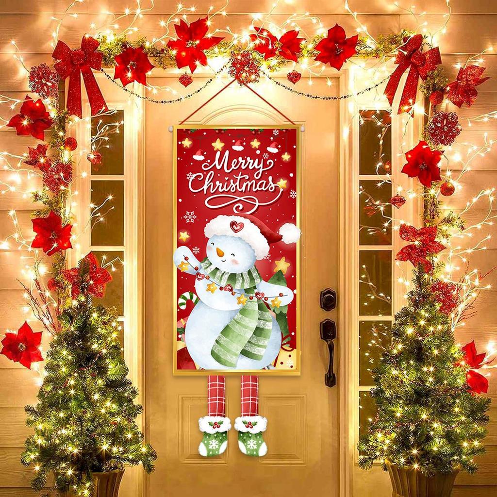 Christmas Door Decorations Party Supplies Photography Background Snowman Family Front Door Banner For Home Kitchen Garden Patio