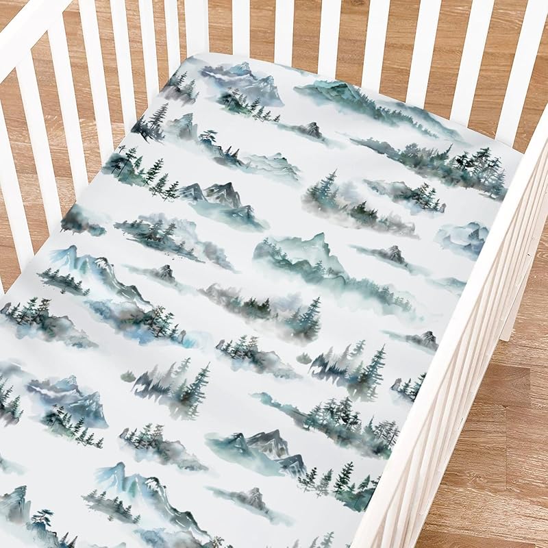 

Акварельный рисунок туманного леса, приталенные простыни для детской кроватки для девочки, мальчика - 52 x28 Лесной горный туманный наматрасник для детской кроватки - Мягкий дышащий детский One size