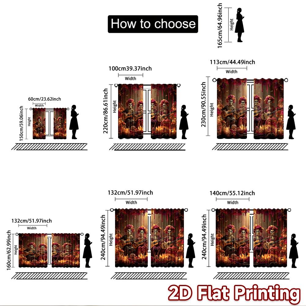 2D Flat Printing 2pcs Curtains Day of the Dead Skeletons Musicians Celebration Digital Printed Polyester Drapes Seasonal Party &