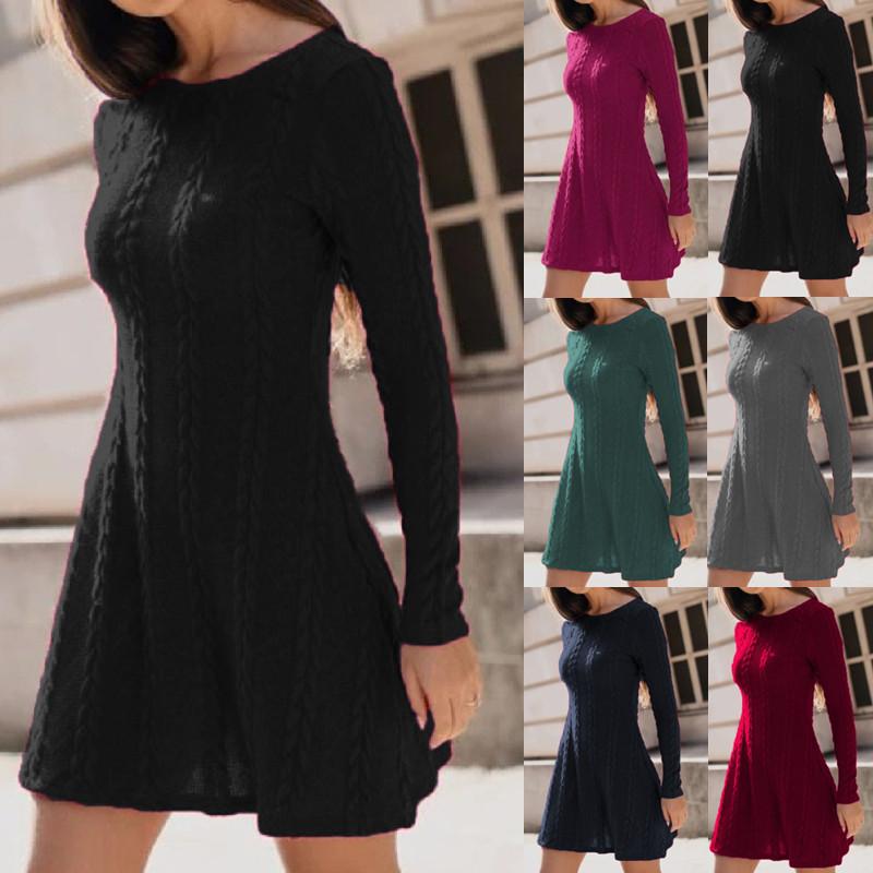 Buy Womens Dress Long Sleeve Knit Sweater Dress Casual Solid Autumn