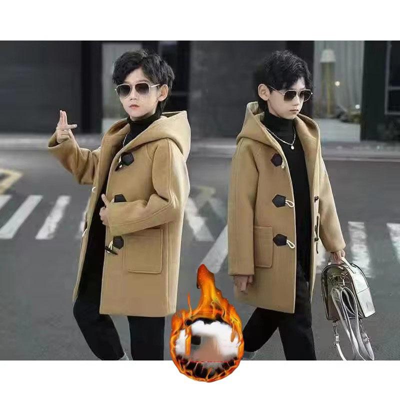 

Пальто из шерсти для мальчиков, зимняя модная куртка с капюшоном, однобортная, плюс хлопок, теплая верхняя одежда, детская парка высокого качества 120 хаки