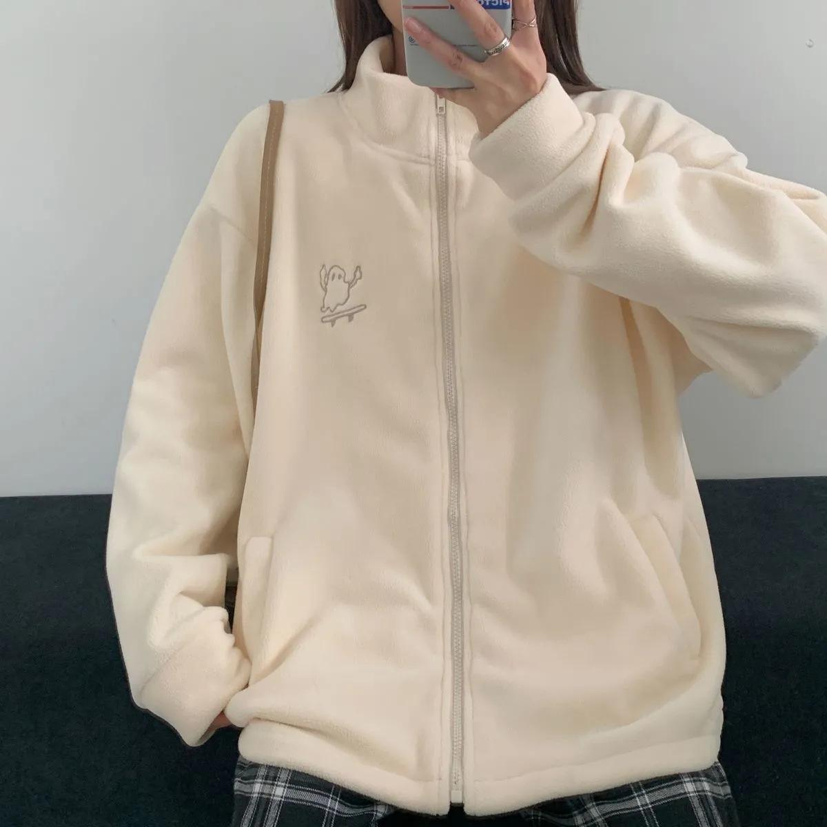

Autumn and winter college style fleece jacket fleece versatile loose embroidery zipper cardigan Korean version versatile sweater fleece shirt 2XL сірий колір