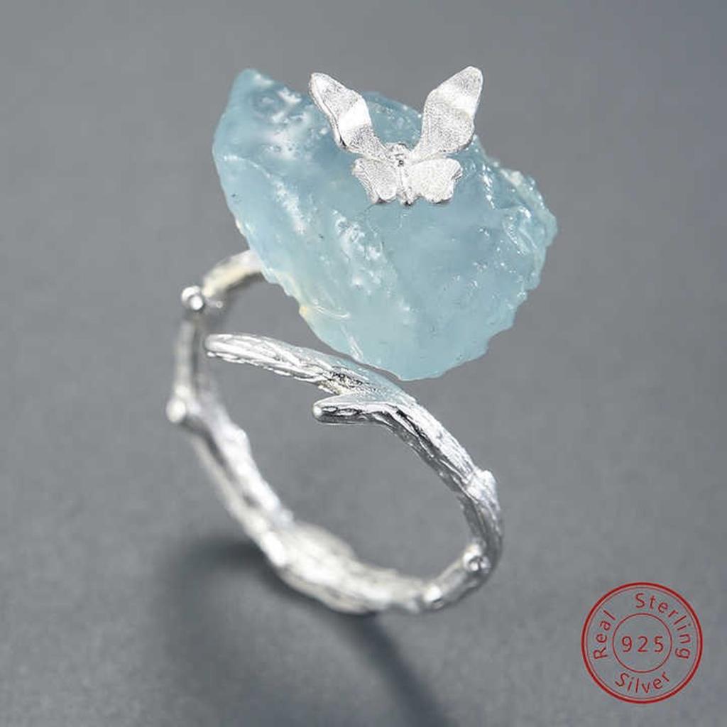 Adjustable Aquamarine Butterfly Ring with Big Gemstones Natural Stone Finger Jewelry Accessory for Elegant Women