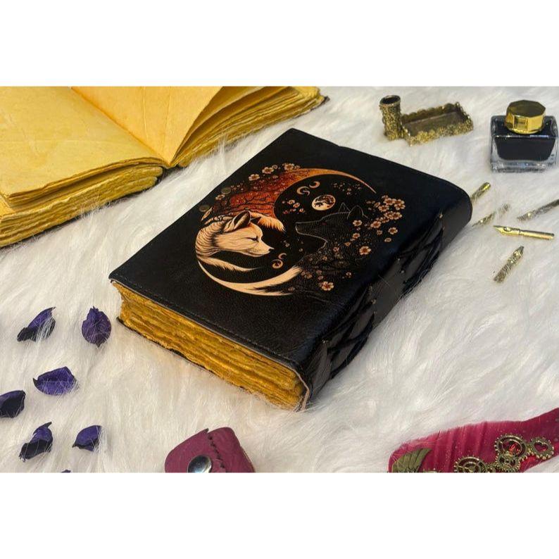 Forest Fox Leather Journal – Handmade Vintage Diary with Autumn Flowers & Deckle Edge Paper Antique Lock – Grimoire Journal – Book of Shadow