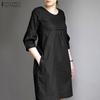 ZANZEA Women Summer Round Neck 3/4 Sleeve Pleated Dresses