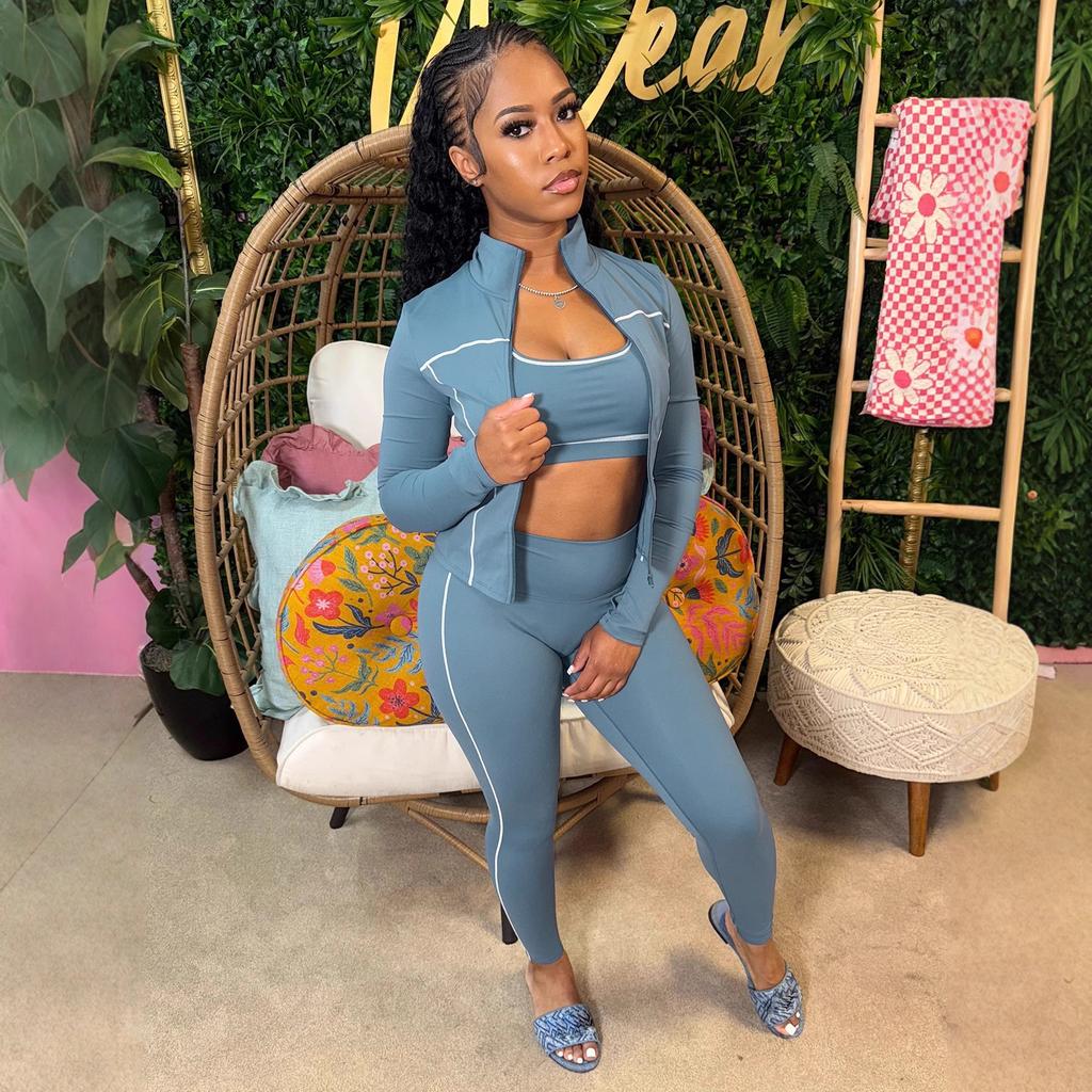 Women Color Block Sports Suit Casual Long Sleeve Zip Up Jacket And High Waist Leggings Workout Set