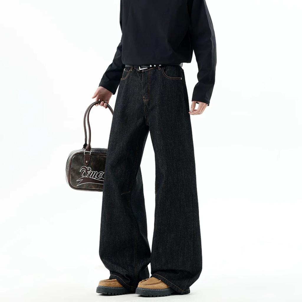 American Primary Color Jeans Men's Trendy Brand New Retro Splicing High-end Wide-leg Casual Trousers