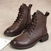 Women's Autumn Round-Toe Lace-Up PU Leather Low-Top Boots British Style Soft-Sole Soft-Upper Short Boots