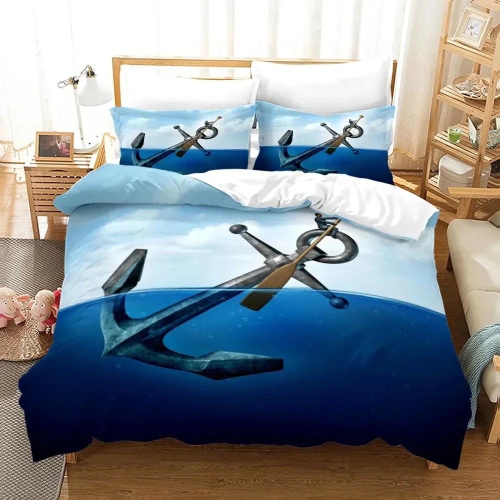 Schiffsanker Bettbezug-Sets 3D Polyester Meer Ozean Bettdeckenbezug Kissenbezüge Twin Full Queen King Streifen Bettwäsche-Set