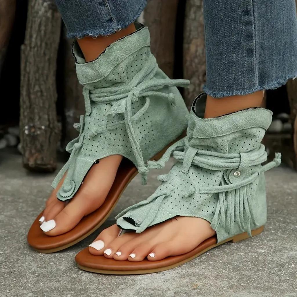 Lace Up Platform Sandals For Women Flat Soled Thong Toed Women'S Slippers Fashionable And Casual Tassel Hollow Zapatos De Mujer