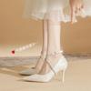 8838 [sheepskin] High-heeled Wedding Shoes Women's Thin Heels 2025 Autumn New Pointed Sequined Rhinestone One-word Strap Shoes