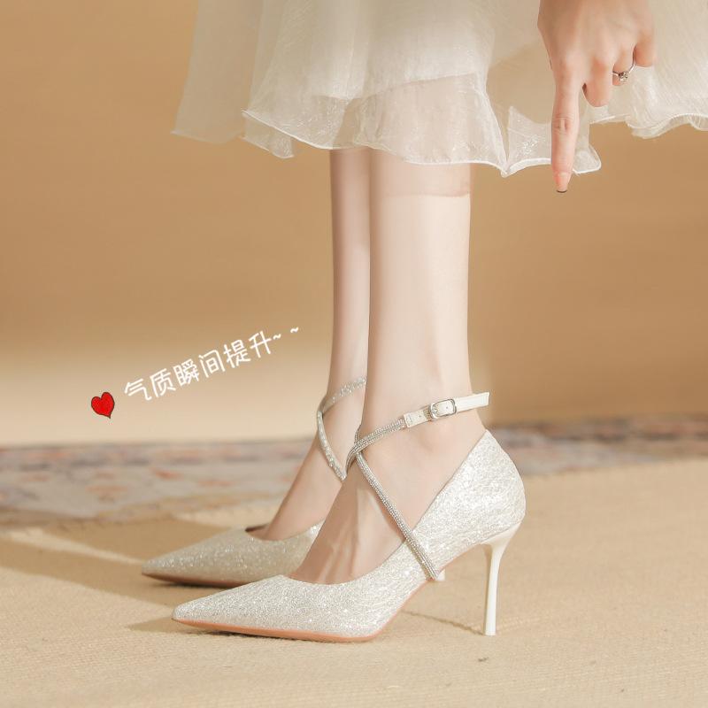 8838 [sheepskin] High-heeled Wedding Shoes Women's Thin Heels 2025 Autumn New Pointed Sequined Rhinestone One-word Strap Shoes