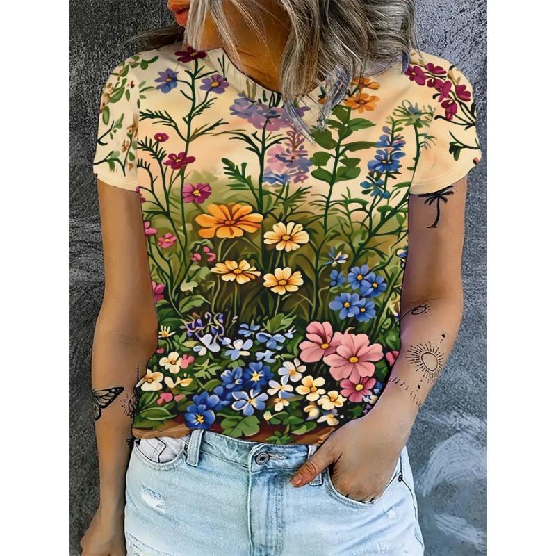 

Summer women s short-sleeved T-shirt, colorful floral pattern, flowers of various colors blooming, vibrant print, polyester fiber S