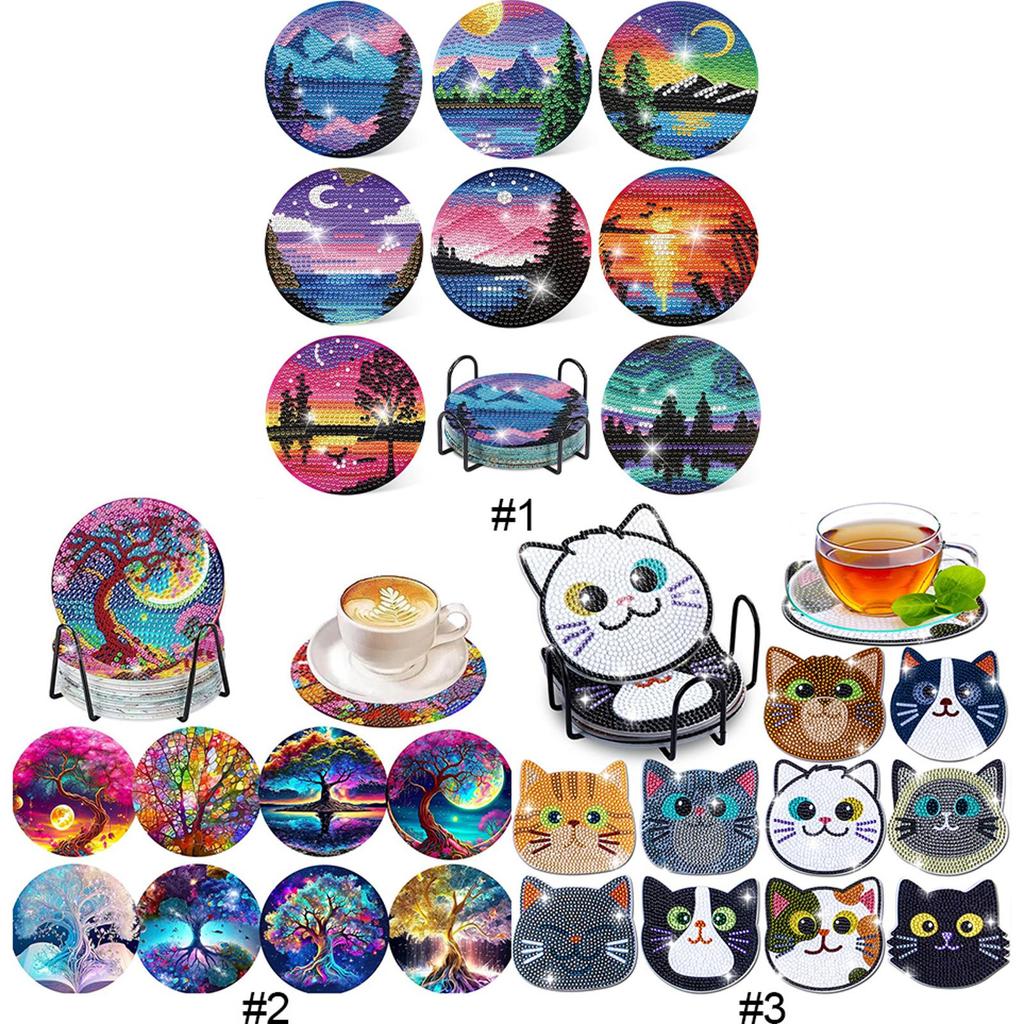 8/10 Stuks Diamant Schilderen Onderzetters met Houder Landschap Diamant Kunst Schilderen Kits Kat DIY Diamant Kunst Onderzetter Kunst Ambachtelijke Benodigdheden