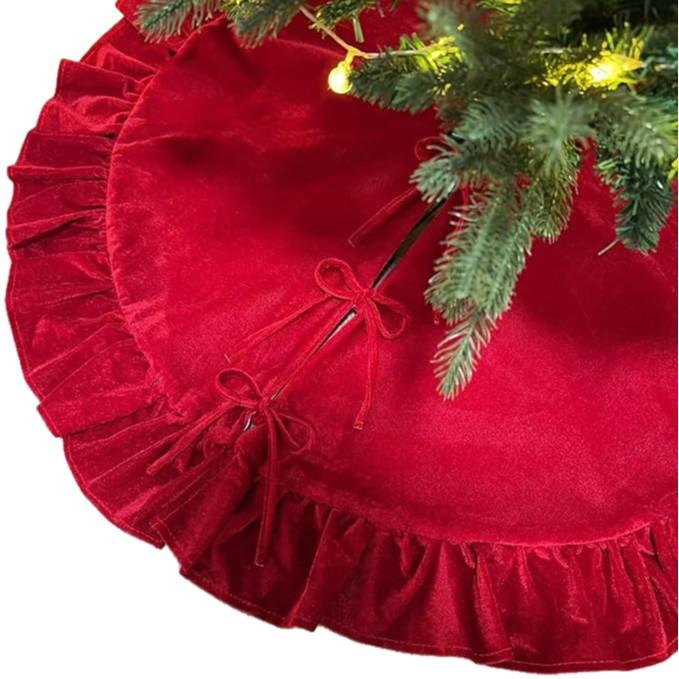 Roter Samt-Weihnachtsbaumrock mit Schleife und Rüschenbesatz