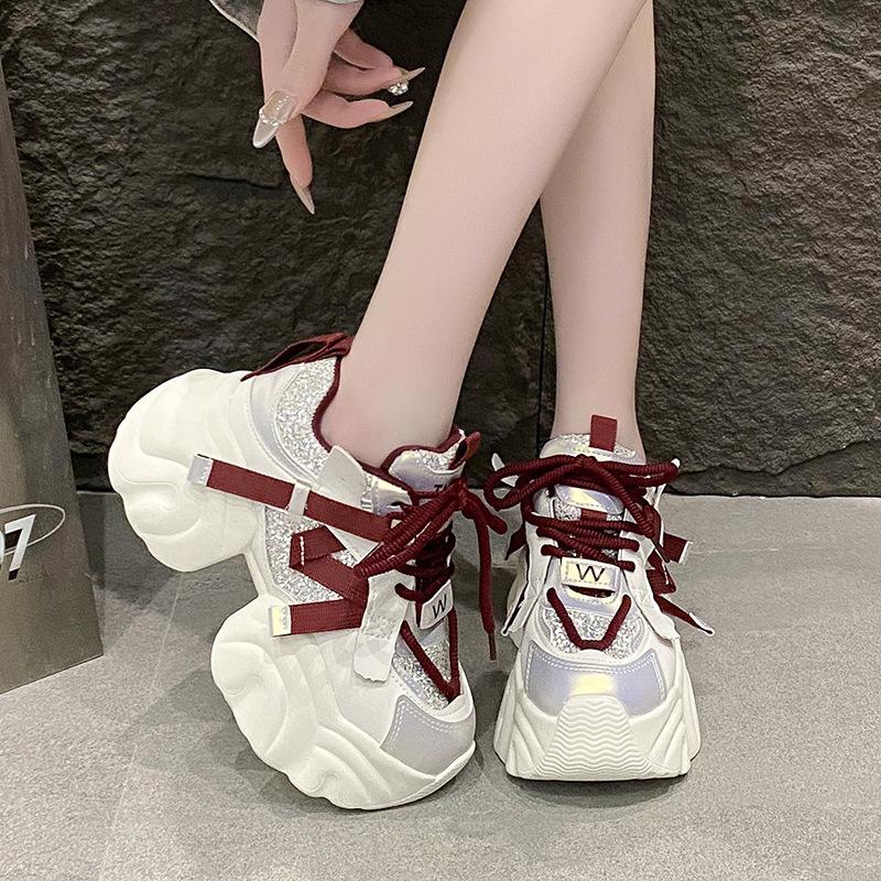 Fashion Women's Spring Autumn Platform Sequin Sneakers Lace-up Chunky Heeled Casual Shoes for Woman Versatile Tennis Vulcanize Shoes