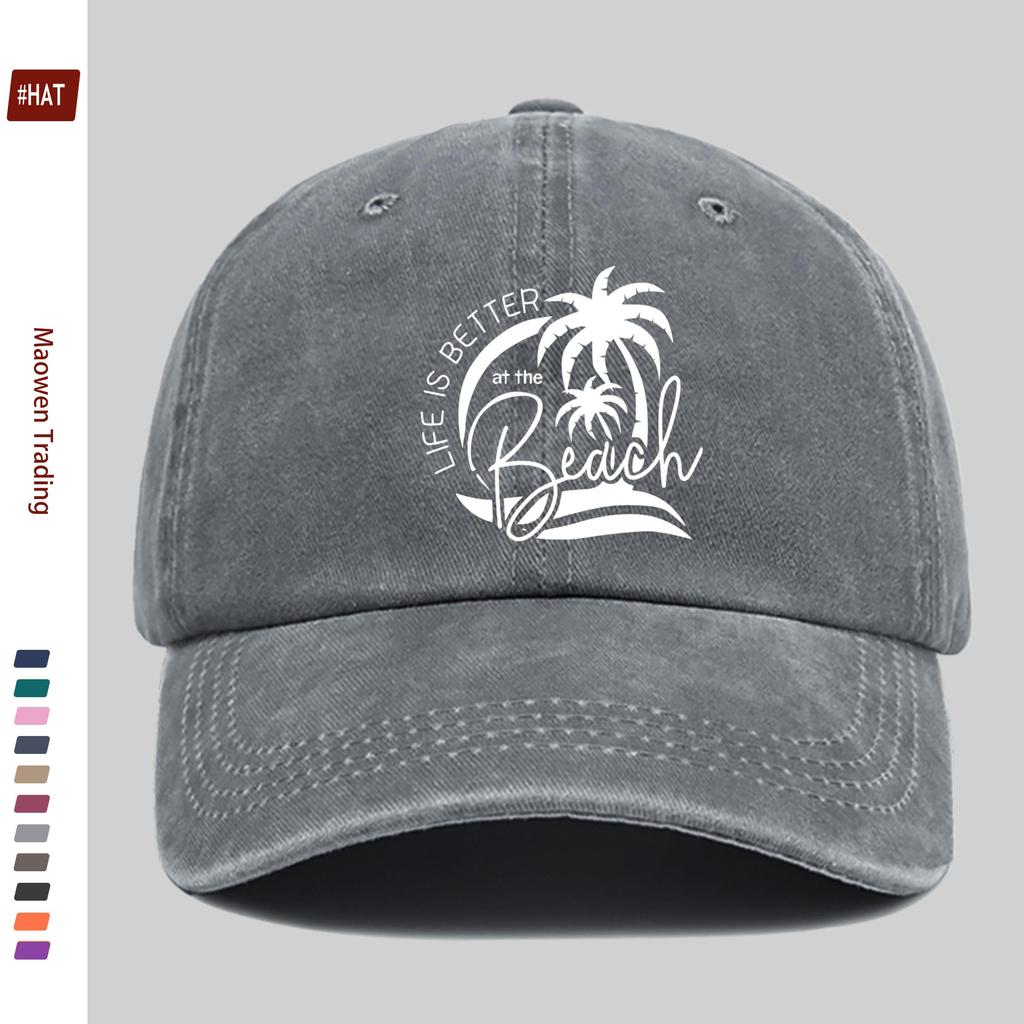 Pc Vintage Beach Vacation Print Baseball Cap Sweet Vacation Style Decorative Papa Hat Trucker Sun Hat Washed Buckle Strap Ad