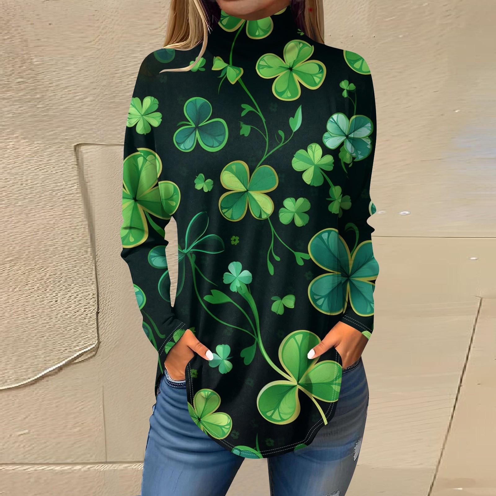 

Футболки для женщин, осенние повседневные рубашки с длинным рукавом, толстовка с принтом, топ с высоким воротом, пуловер St.. День Патрика M