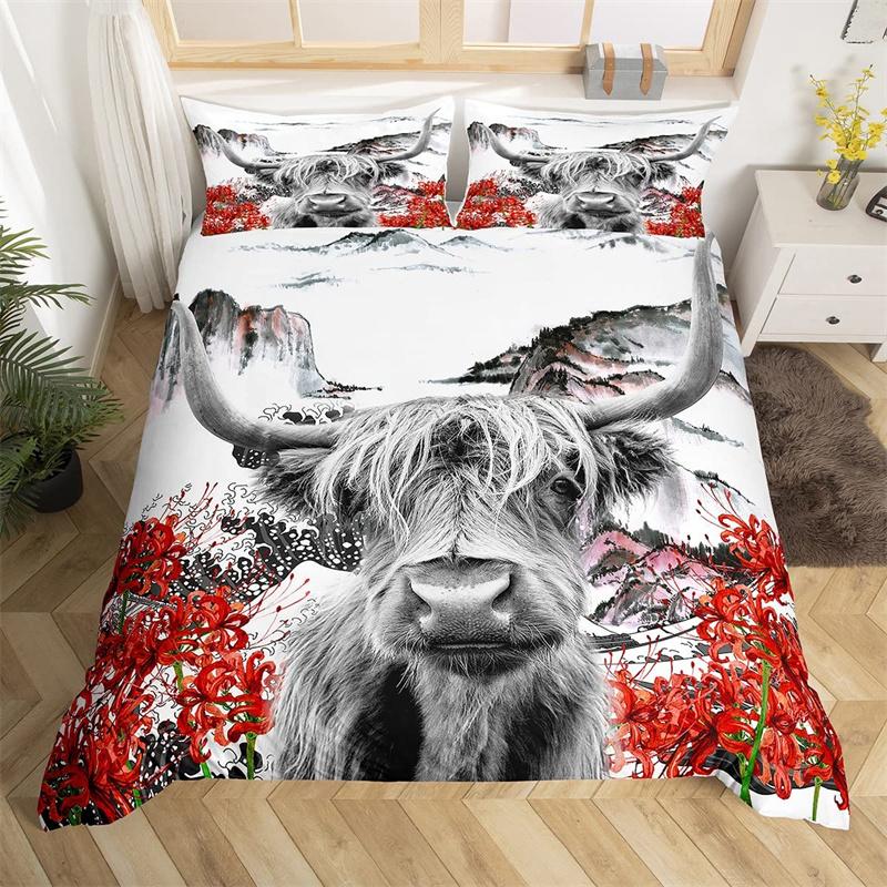 Highland Cow Bedding Set Polyester Bull Cattle Flowers Quilt Cover Western Wild Animal Duvet Cover Farmhouse Cow Bedspread Cover