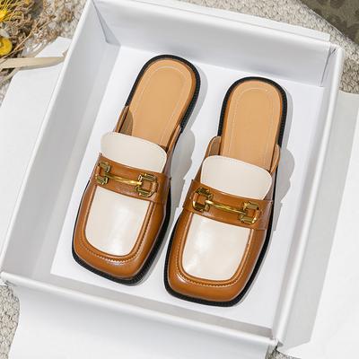 Fashion 2024 Spring and Autumn Women Wear Flat Slippers Square Metal Design British Style Party and Work Wear Ladies Casual Mules41-43