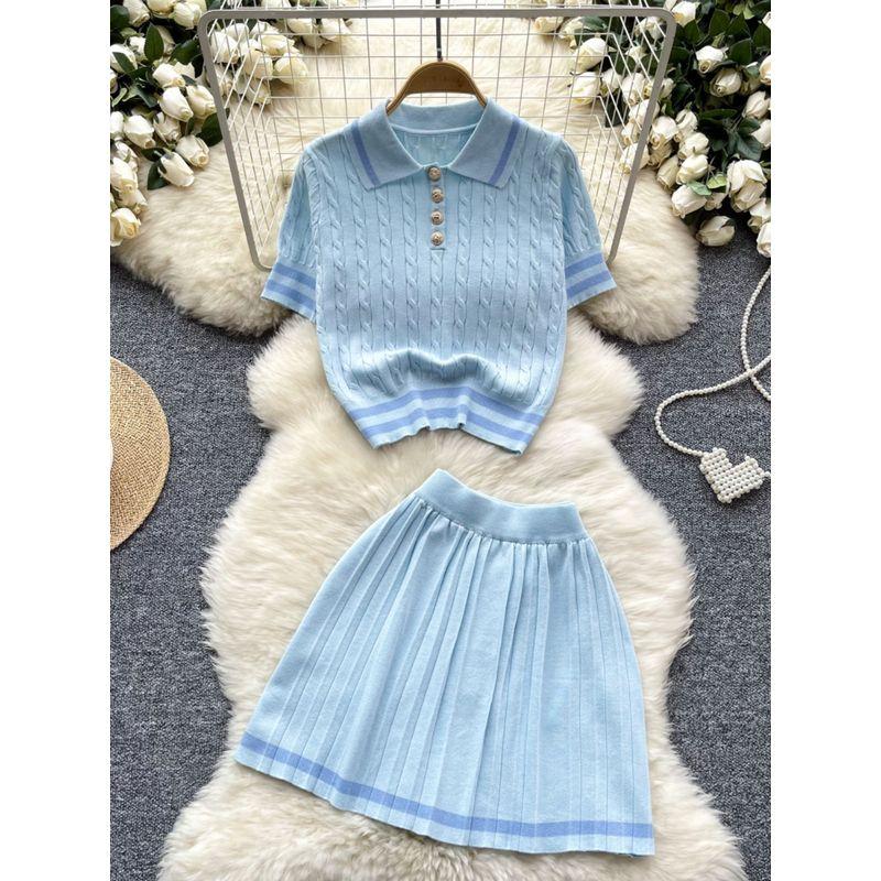 Summer New Arrival Easiest for Match Two-Piece Dress of Knitted Sweater Women's Retro Contrast Color Short Sleeve Tops + High Waist Pleated Skirt
