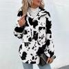 Women's Turn Down Collar Long Sleeve Jacket Loose Fit Casual Fleece Coat Cow Print Button Down Pocket Outerwear