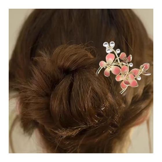 Miaomyao U-Shaped Hairpin Hair Stick Japanese Kimono Yukata Hair Accessory Pearl Antique Lotus Water Lily Butterfly Gold Miaomyao (Pink)
