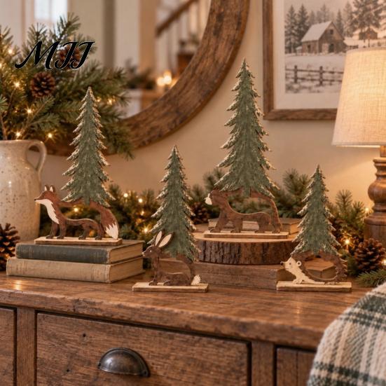 Creative Gift for Friends And Family 4Pcs Wooden Animal and Pine Ornaments, Fox Rabbit Bear Hedgehog Rustic Forest Theme Decorations Figurine,