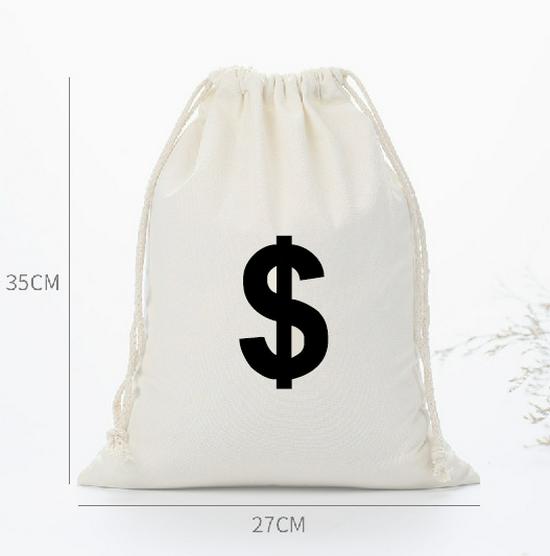 Drawstring Canvas Bag with Dollar Sign Print - Cotton & Linen Money Bag