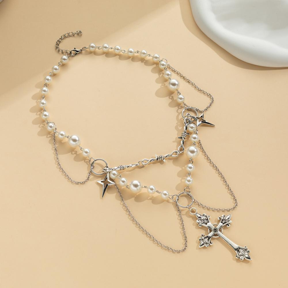 

Bohemian Multilayer Trendy Necklace With Elegant Imitation Pearl Cross And Heart Pendants For Women