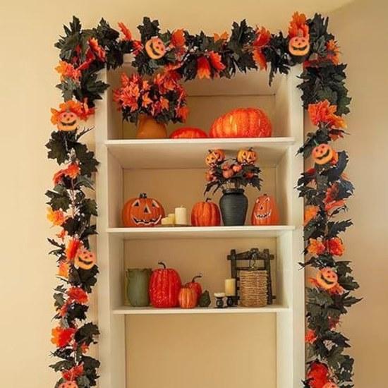 Maple Garland 1 Piece 1.75M Ideal Halloween Decorations Artificial Flowers Autumn Leaves Foliage Pumpkin Spider Fall Thanksgiving Wisteria Photography