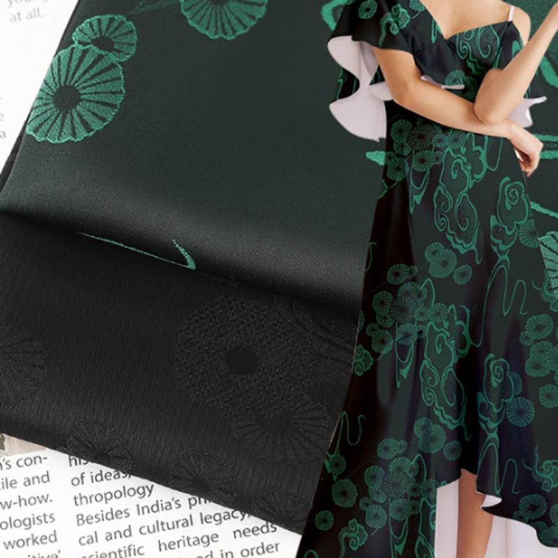 1m*1.5m Dark Green Color Brocade Floral Printed Jacquard Fabric Stretchy Satin Jacquard Fabric for Cheongsam Dress Clothing