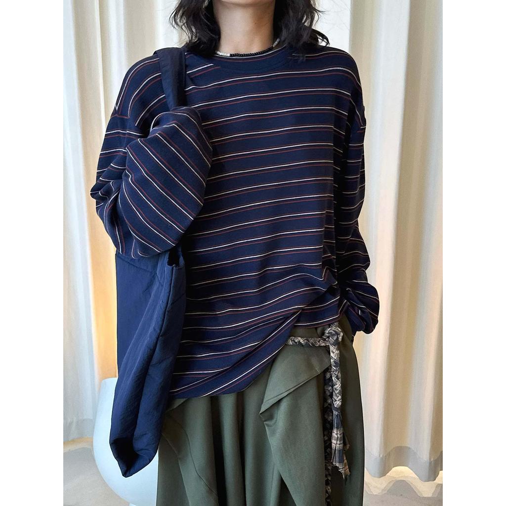 Louvre Spring Retro Korean Stripe Color Block Round Neck Casual Women's T-Shirt