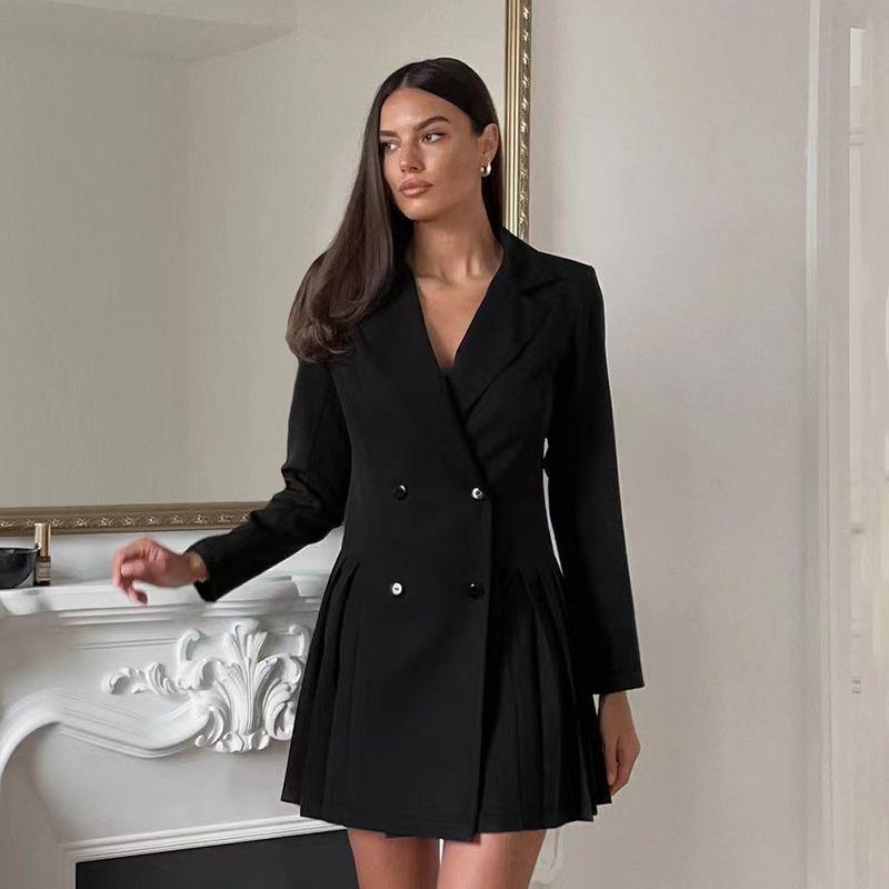

Fashion Fashion Sexy Temperament Long Sleeve Ruched Silm Dress Suit Collar Pleated Dress Black S