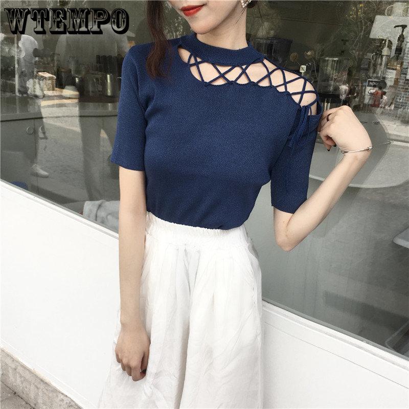 WTEMPO Koreanisch Chic Ausgeschnitten Schräge Schulter Kurzarm T-Shirts Damen Sommer Einfarbig Slim Fit Stricktops