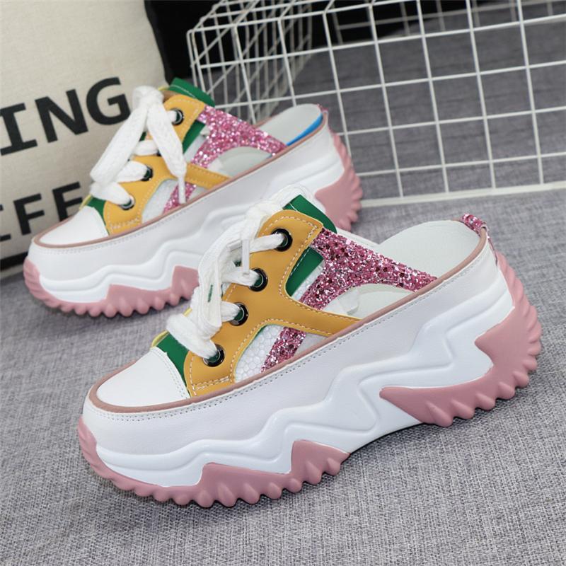 fashion 8cm New Glitter Leather Women Chunky Sneakers Platform Wedge 2024 Breathable Slippers Comfortable Hollow Summer Shoes