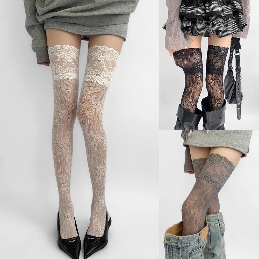 Y2K Women's Sexy Lace Floral Fishnet Stockings Costumes JK Lolita Thigh High Socks Lace Trim Mesh Breathable Over Knee Stockings