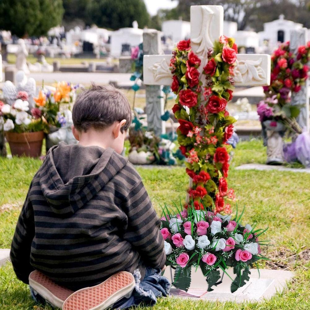 New 24 Heads Artificial Cemetery Flowers Faux Fake Silk Red Blue White Roses Bouquet Grave Decorations for Headstones