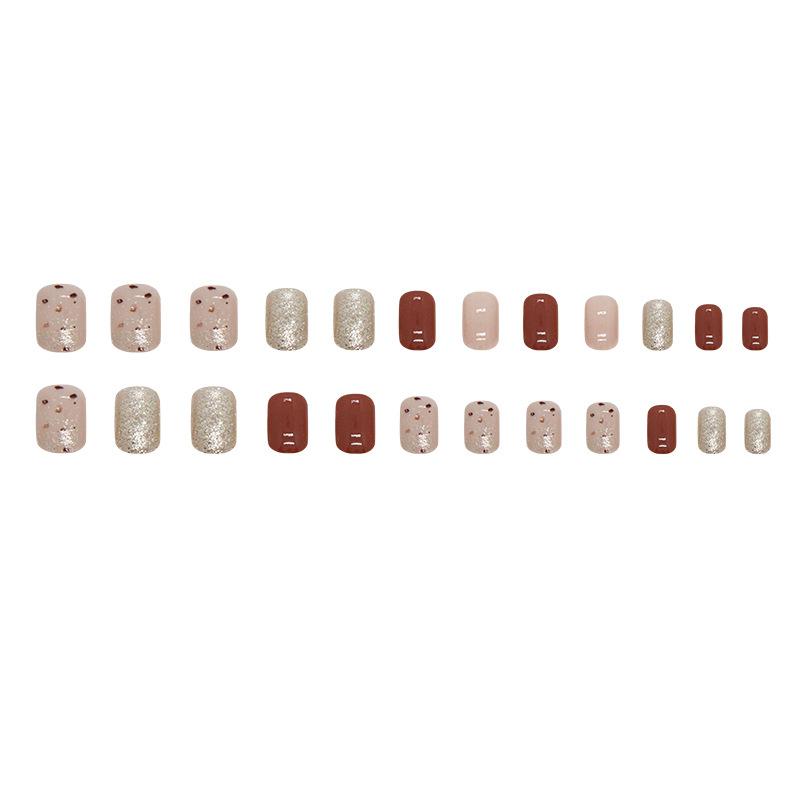 24 Pieces Caramel Brown Champagne Fine Sparkling Color Short Square Girl Versatile White Fake Nails Wearing Armor