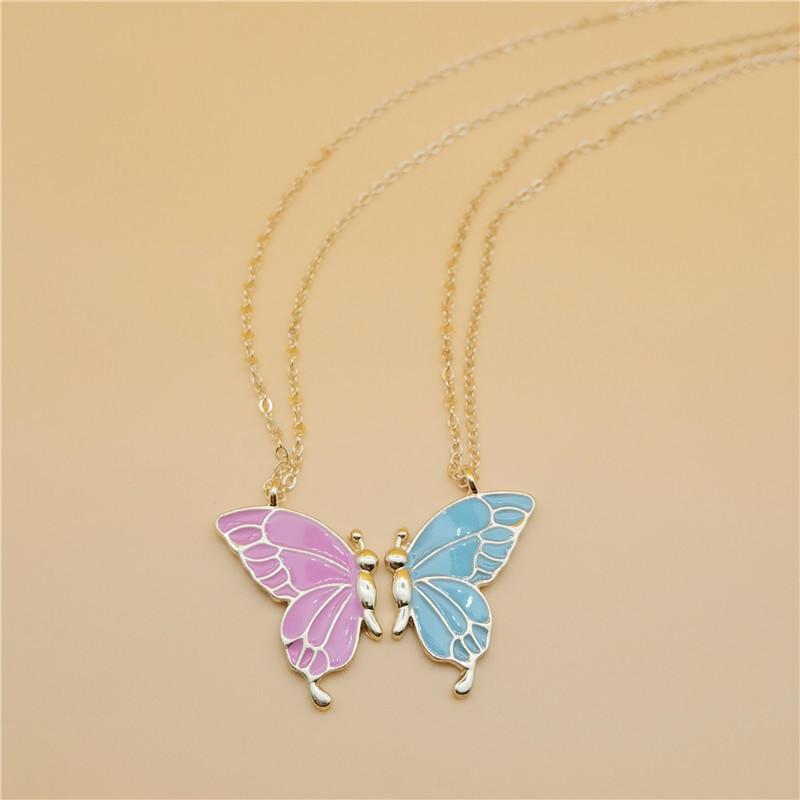 Two-piece gold, blue, and pink butterfly friendship necklace set - a simple and versatile two-piece set for women, suitable for
