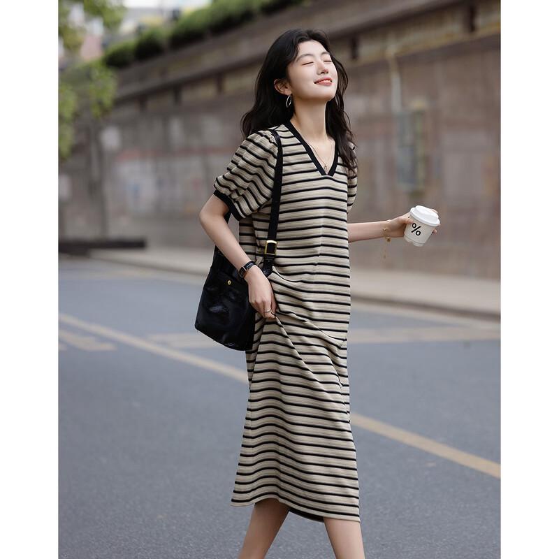 Demana Women's Summer V-Neck Striped Puff Sleeve Knit Dress