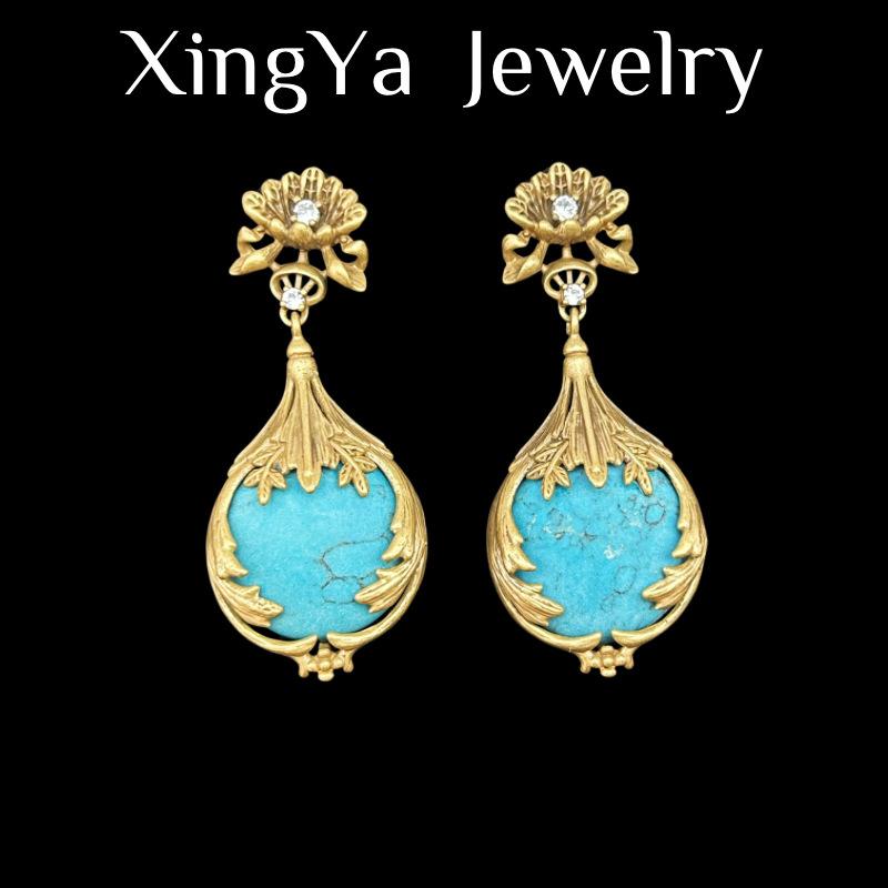 Vintage Russian Real Gold Retro Court Style Elegant Three-dimensional Flower Turquoise Inlaid Necklace Earring Set