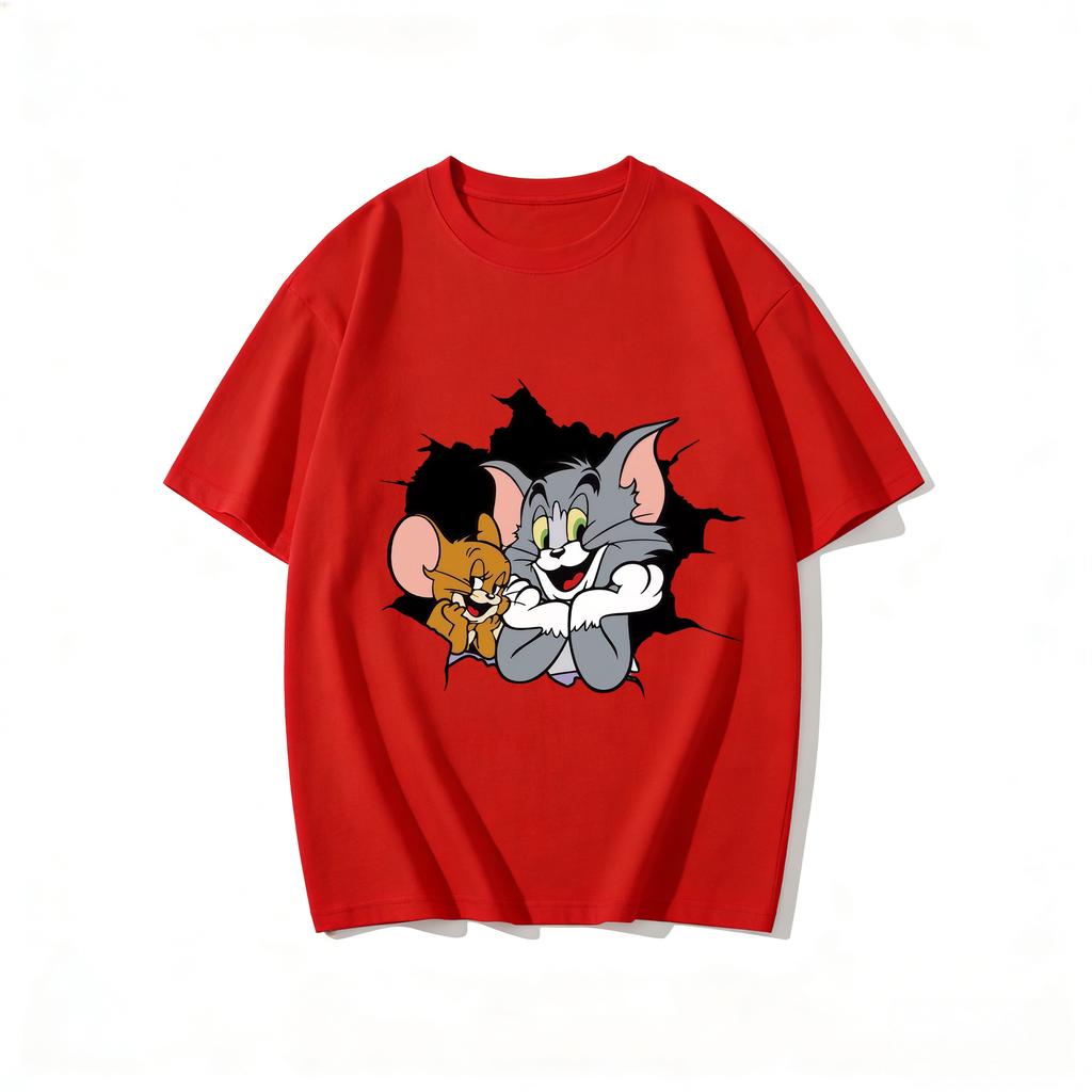 2026 New Tom Jerry Print Tshirt Casual Loose Couple Family Matching Outfits Short Sleeve Cotton Tee Summer Streetwear Tops Y2k