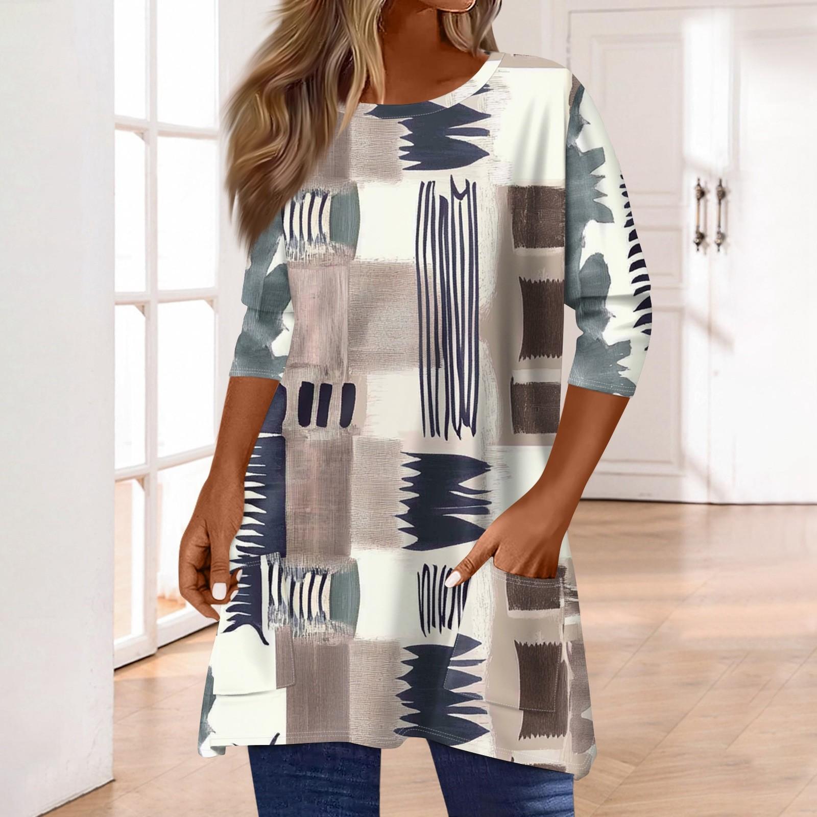 

3/4 рукава кармана топы для женщин футболка повседневный принт средней длины топы футболка круглый вырез пуловер блузка XXL хаки