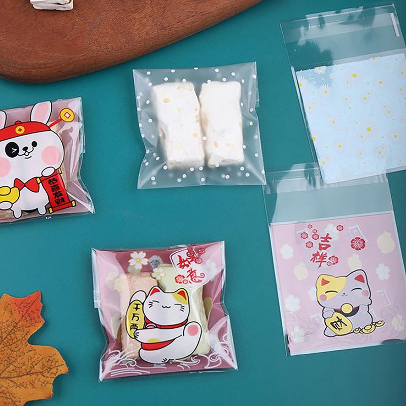 100 stk Mini Tegneseriekatt Emballasjepose, Bake Snacks Selvklebende Pose, Tegneseriekatt Kjeks Kake Emballasjepose