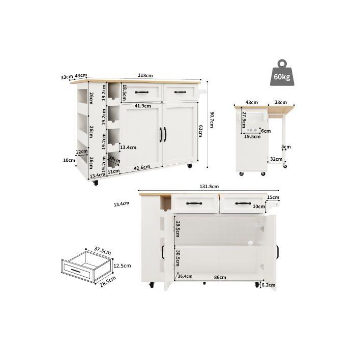 Îlot de cuisine - MUVOE - Chariot avec prises électriques - Bois blanc - 131,5 cm - Design pliant