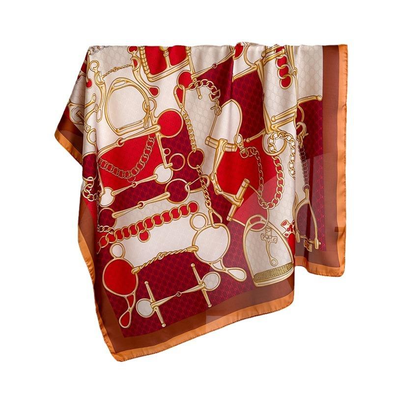 European and American style chain small square scarf simulation silk printing silk scarf headscarf women's spring and summer scarf neck protection sca