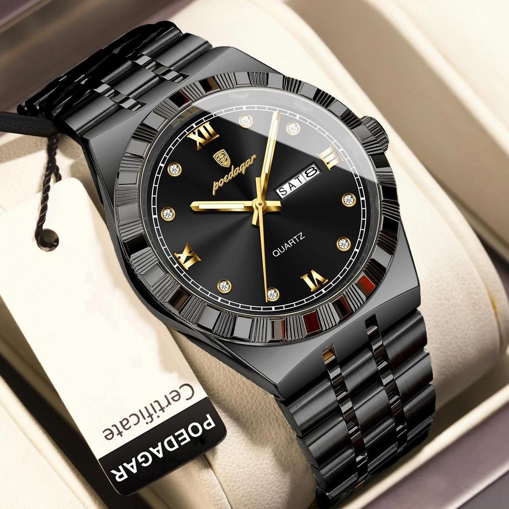 POEDAGAR Luxury Business Male Watch Waterproof Luminous Week Date Wristwatch Stainless Steel Trendy Quartz Watches for Men