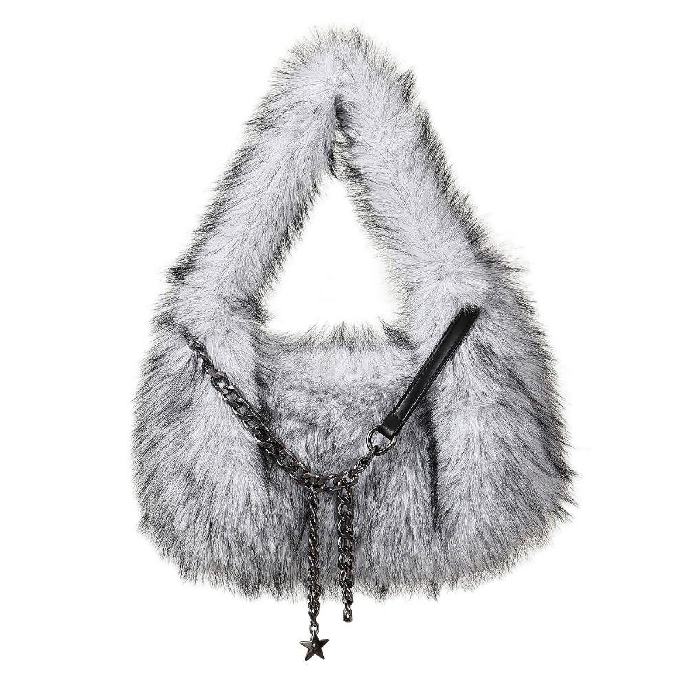 Portable Faux Fur Shoulder Bags Y2k Fluffy Tote Bag Portable Fluffy Hobo Bags Dating